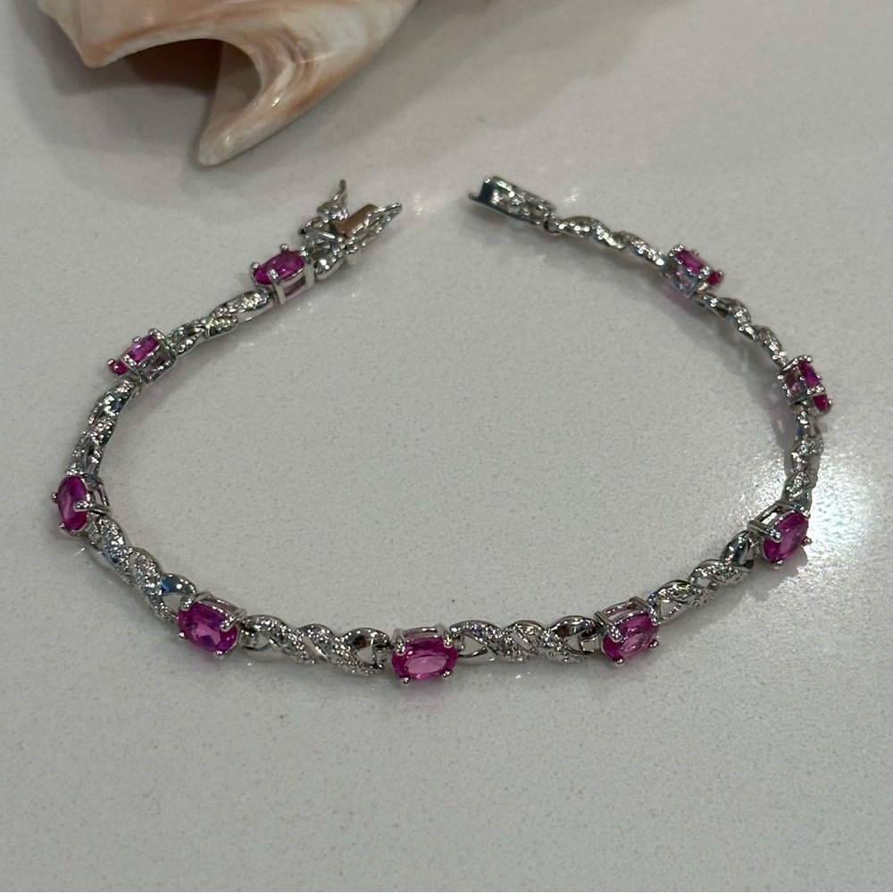 Sterling Silver 925 Hot Pink Topaz Gemstone Oval Tennis Bracelet 7.5” Length - Picture 8 of 12